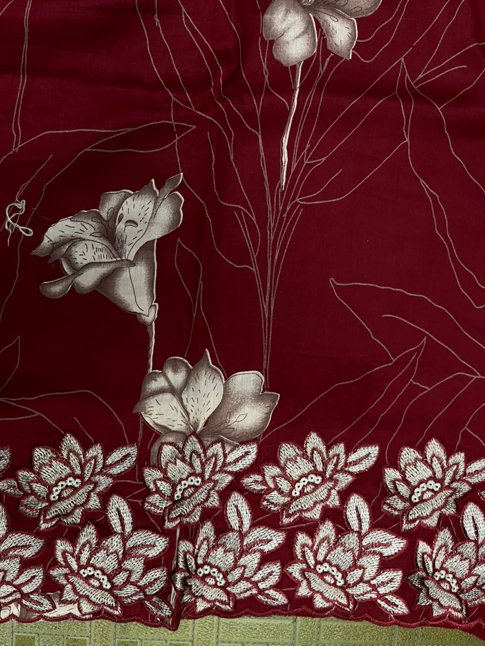 Ruby Red Cotton Suit Set with Pure Chiffon Dupatta