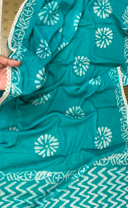 Teal Mul Cotton Handwork Semi-stitched Suit Set with Bottom & Dupatta | 3 Piece Suit Set