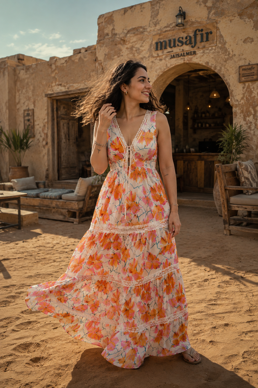 Yellow n Pink Drop Floral Printed Linen fabric