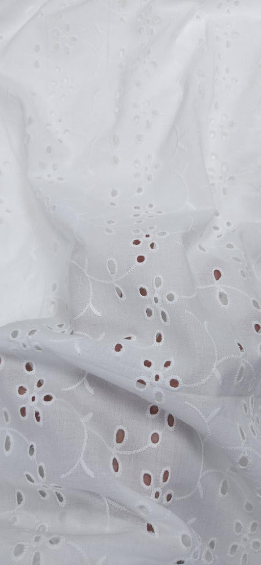 Classic White Floral Hakoba Schiffli Embroidered Cotton Fabric