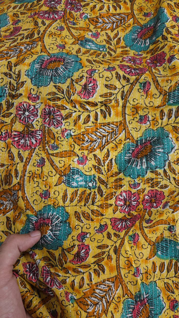 Mustard Floral Print With Kantha Work Cambric Cotton