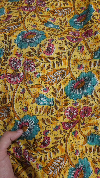 Mustard Floral Print With Kantha Work Cambric Cotton