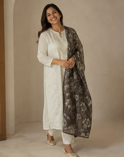 White Cotton Suit Set with Grey FloralChiffon Dupatta