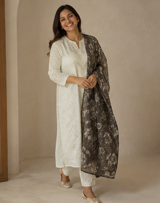 White Cotton Suit Set with Grey FloralChiffon Dupatta