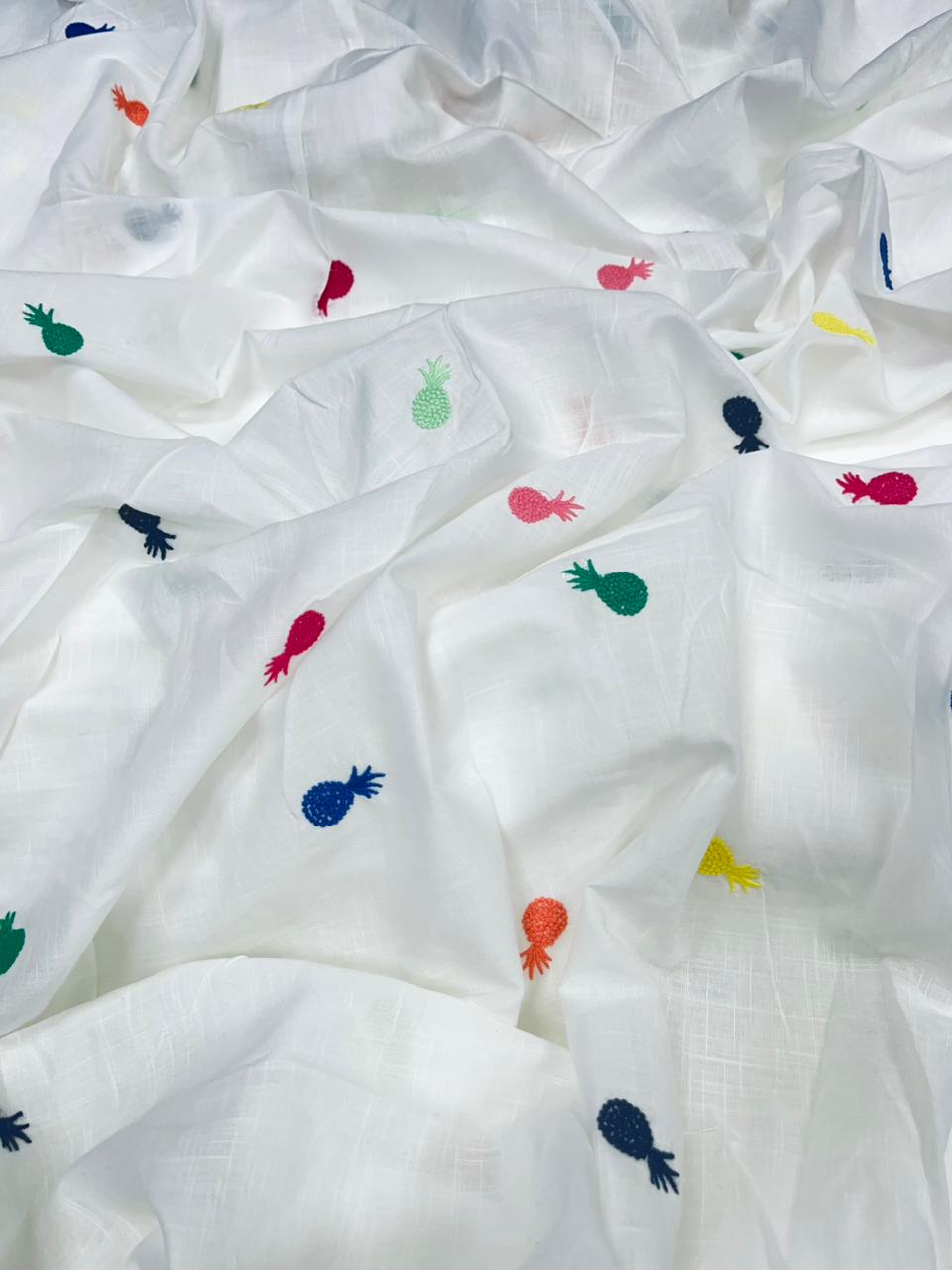 White Multi Pineapple Embroidered Cotton Fabric