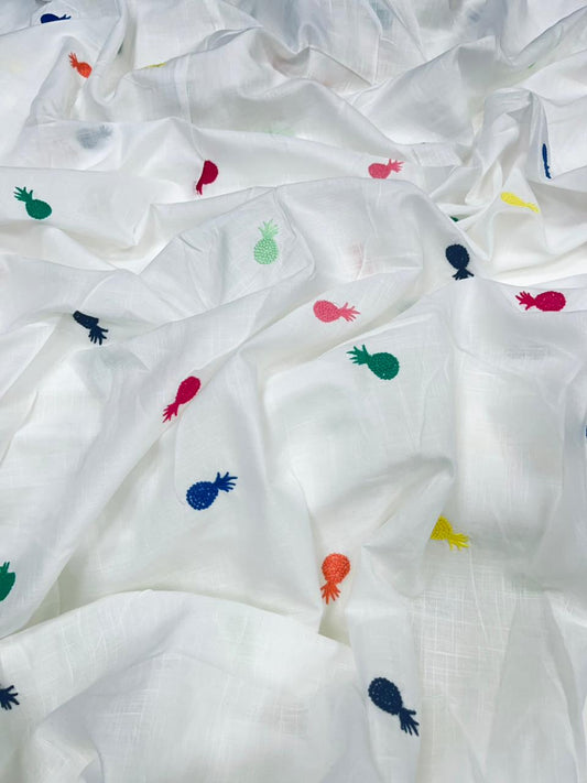 White Multi Pineapple Embroidered Cotton Fabric