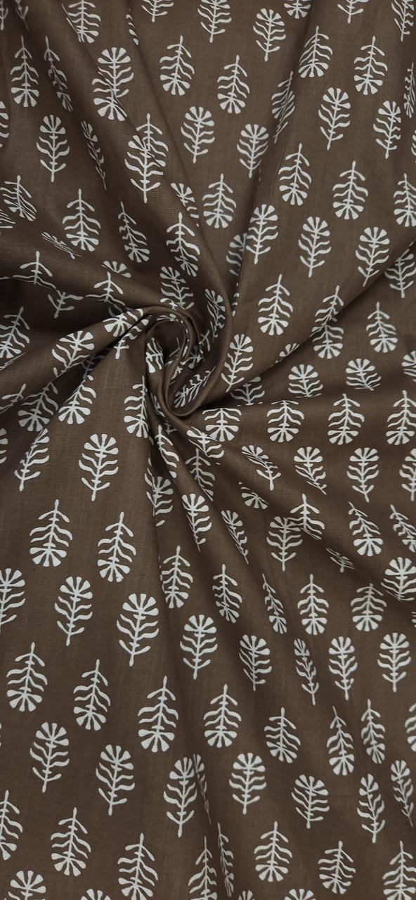 Coffee Brown Leaf Block Print Cambric Cotton
