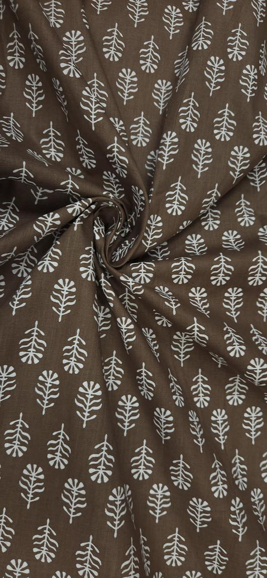 Coffee Brown Leaf Block Print Cambric Cotton