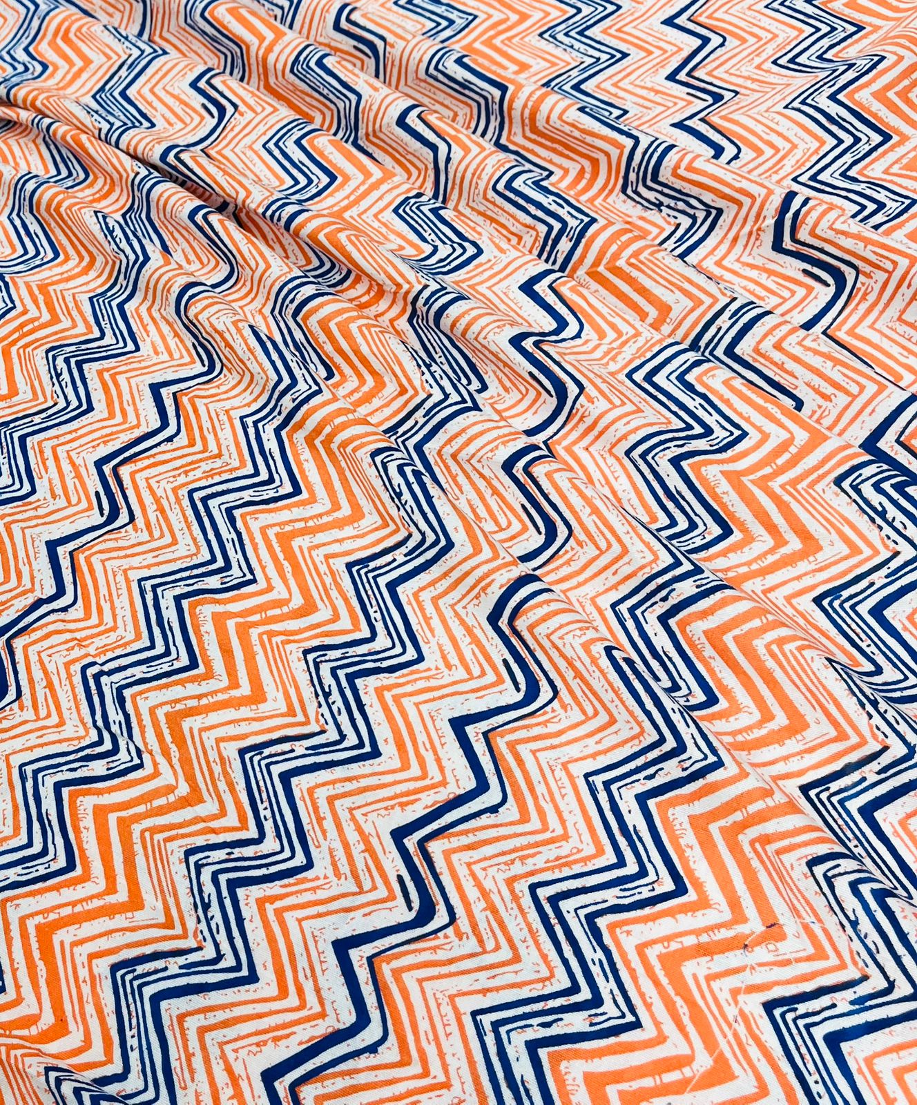 Orange Blue Zigzag Pure Cotton Fabric