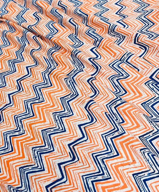 Orange Blue Zigzag Pure Cotton Fabric