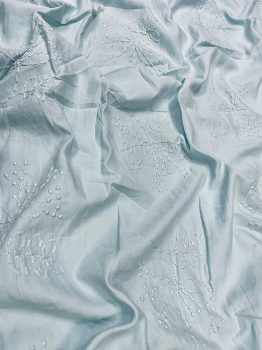 Premium Sky Blue Threadwork Embroidered Cotton Fabric