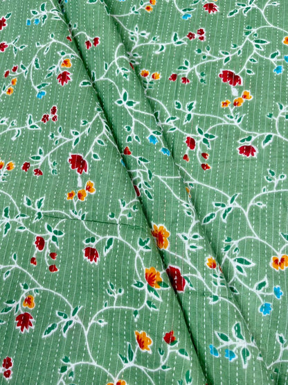 Sage Green Floral Vine Kantha Cambric Cotton