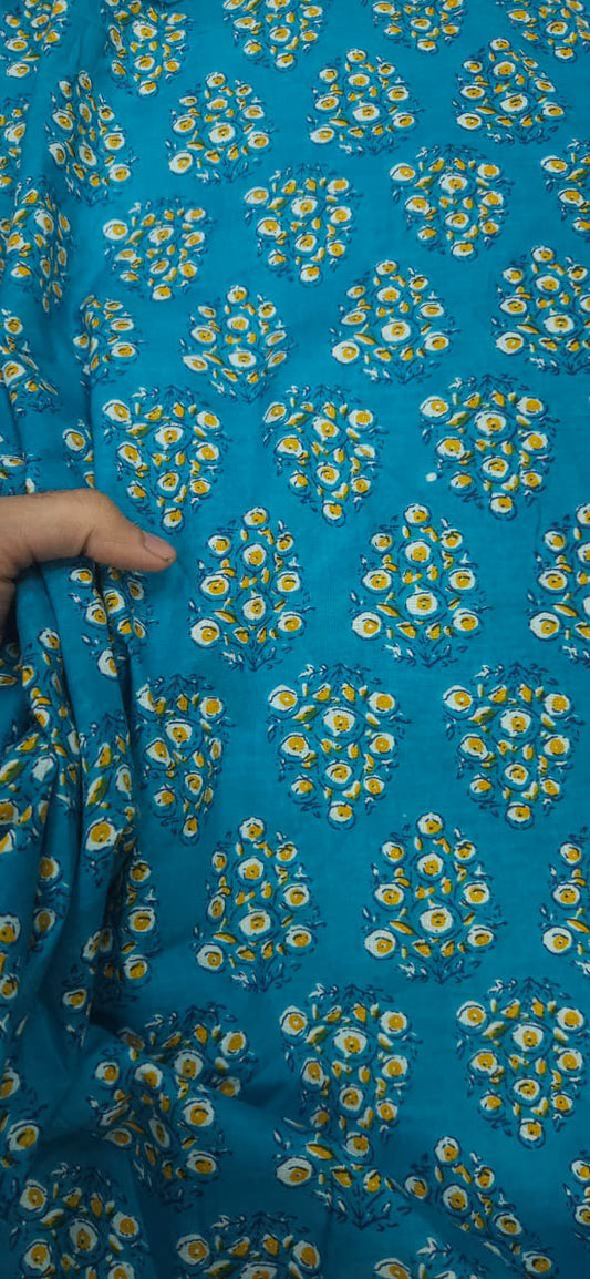 Turquoise Flower Print Cotton Fabric