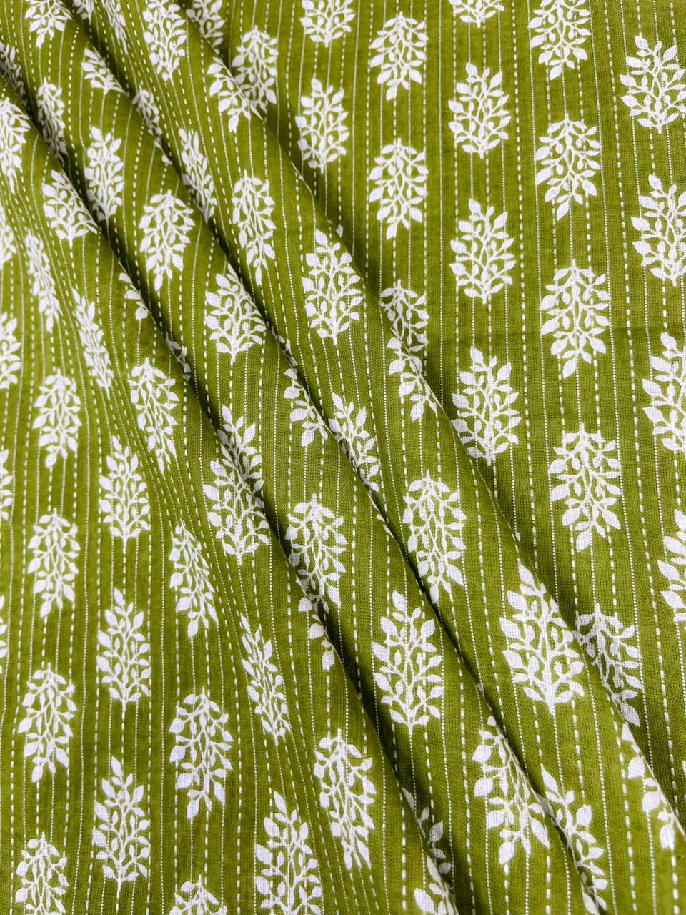 Olive Green Floral Buta Kantha Cambric Cotton