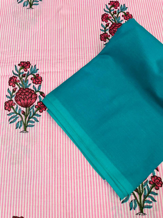 Pink Bouquet Teal Cotton Suit Set