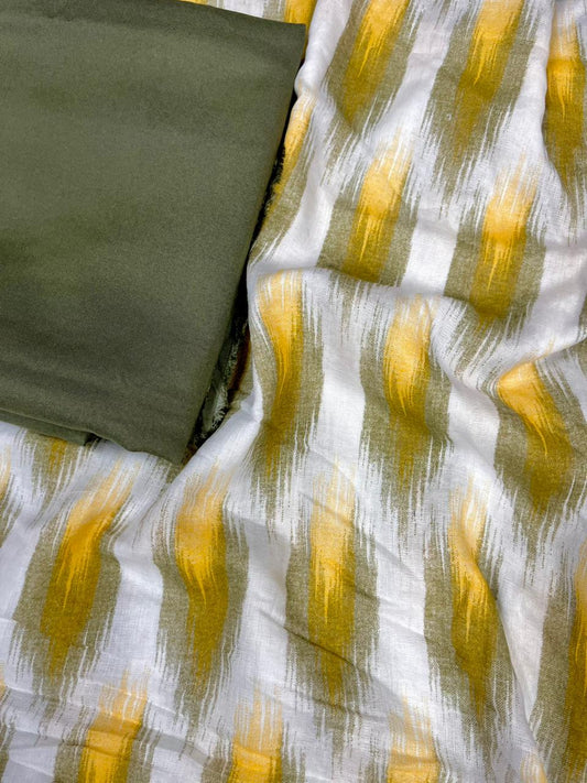 Mustard Olive Ikat Stripe Cotton Suit Set