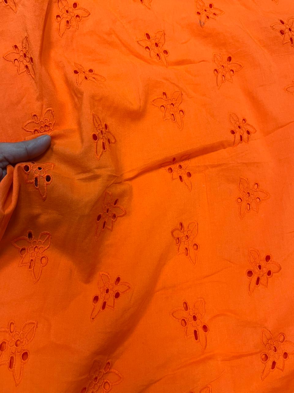 Vibrant Orange Floral Hakoba Schiffli Cotton Fabric