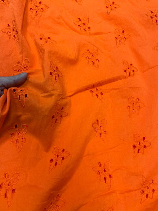 Vibrant Orange Floral Hakoba Schiffli Cotton Fabric