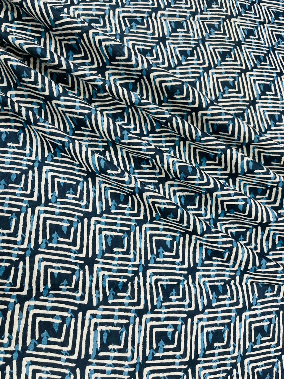 Azure Grid Geometric Pure Cotton Fabric