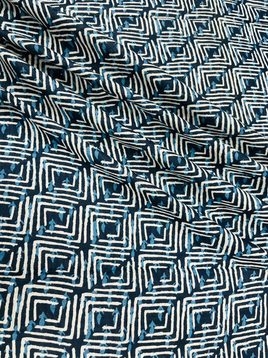 Azure Grid Geometric Pure Cotton Fabric
