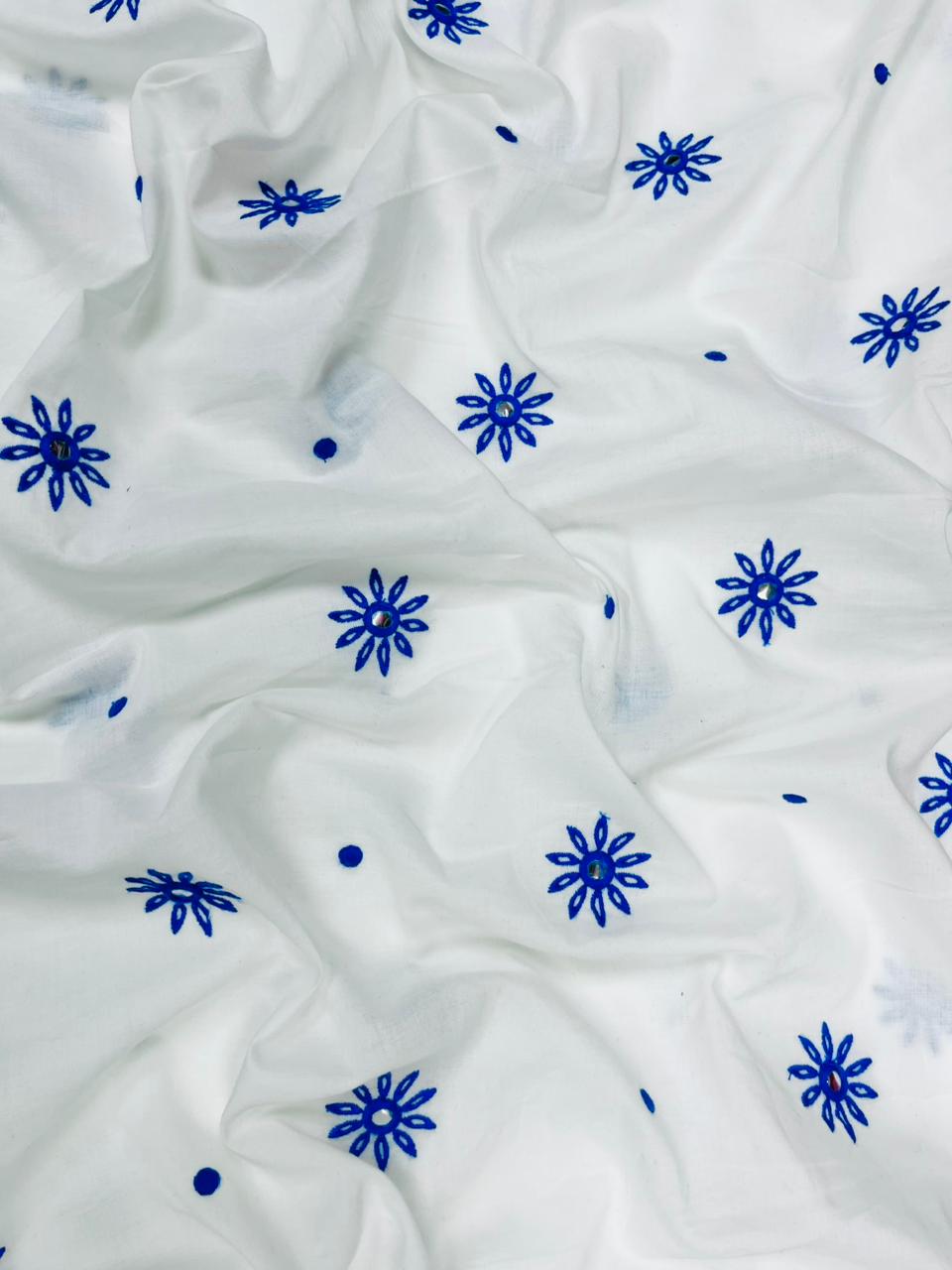 White Royal Blue Floral Embroidered Cotton Fabric