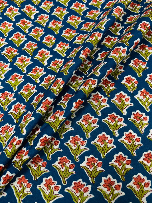 Prussain Blue Floral Buti Print Cambric Cotton