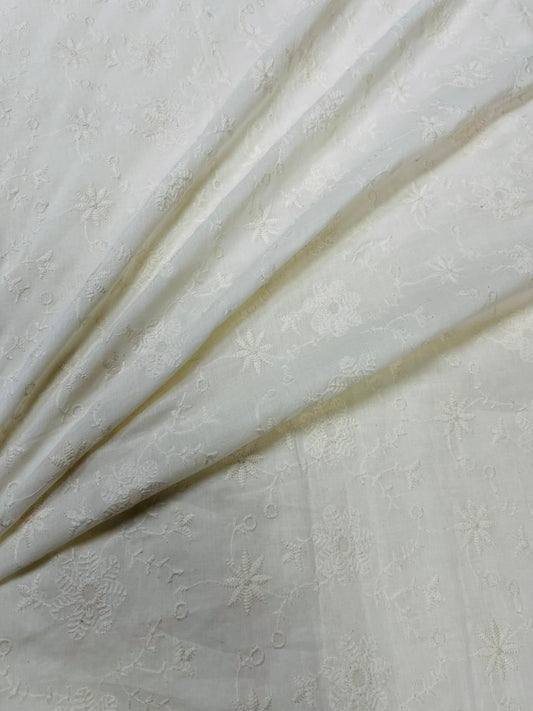 Premium White Floral Threadwork Embroidered Cotton Fabric