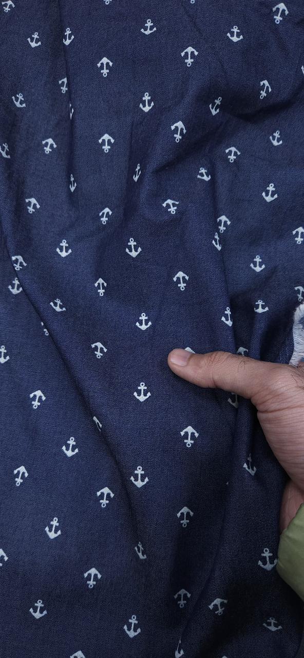 Navy Anchor Print Cotton Denim Fabric
