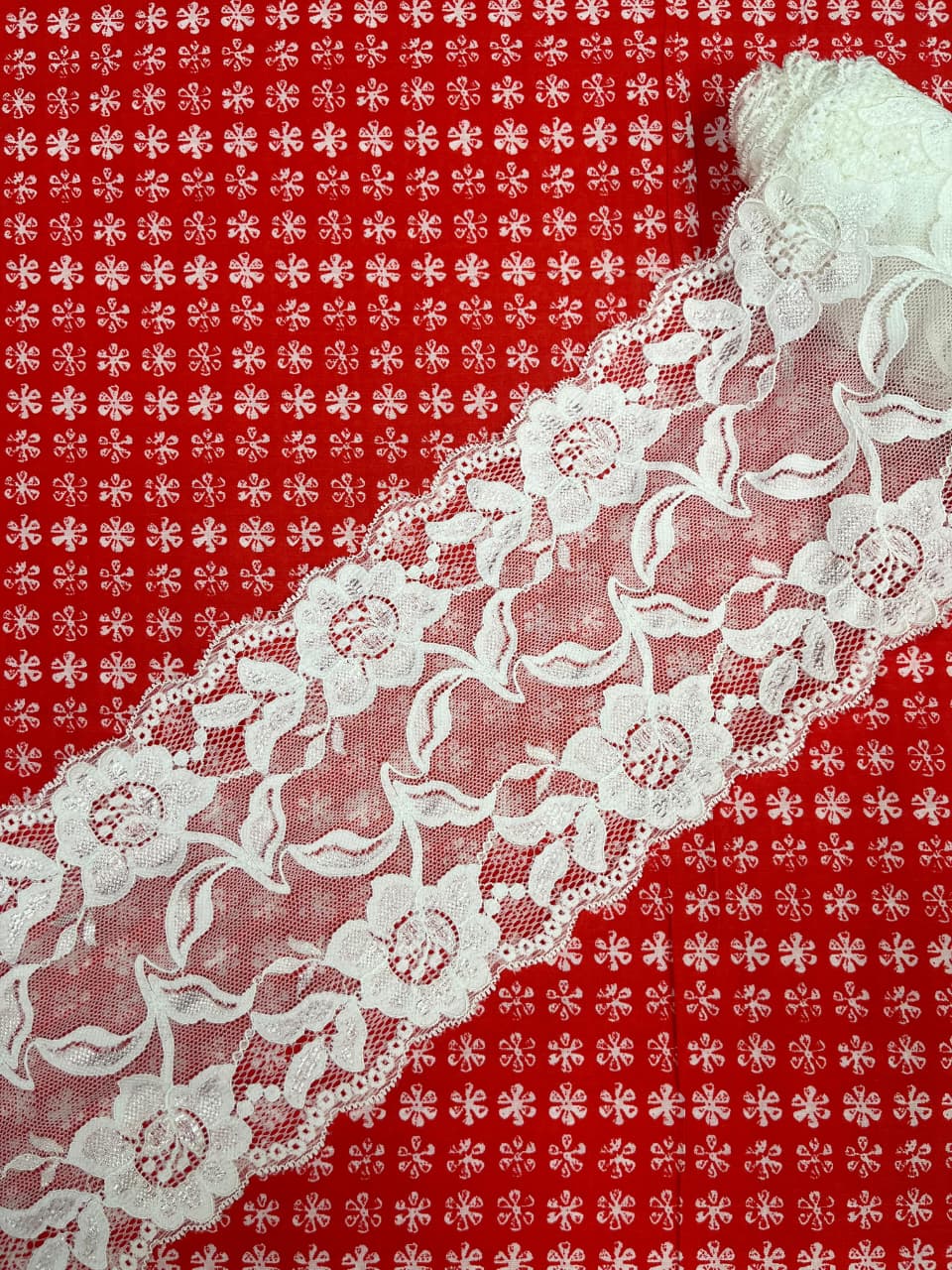 Red Floral All-Over Cotton Suit with Premium Lace