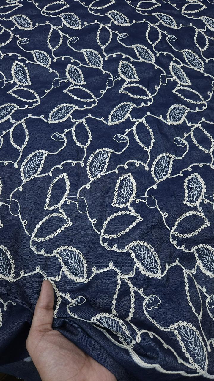Blue Botanical Heavy Embroidered Cotton Denim Fabric
