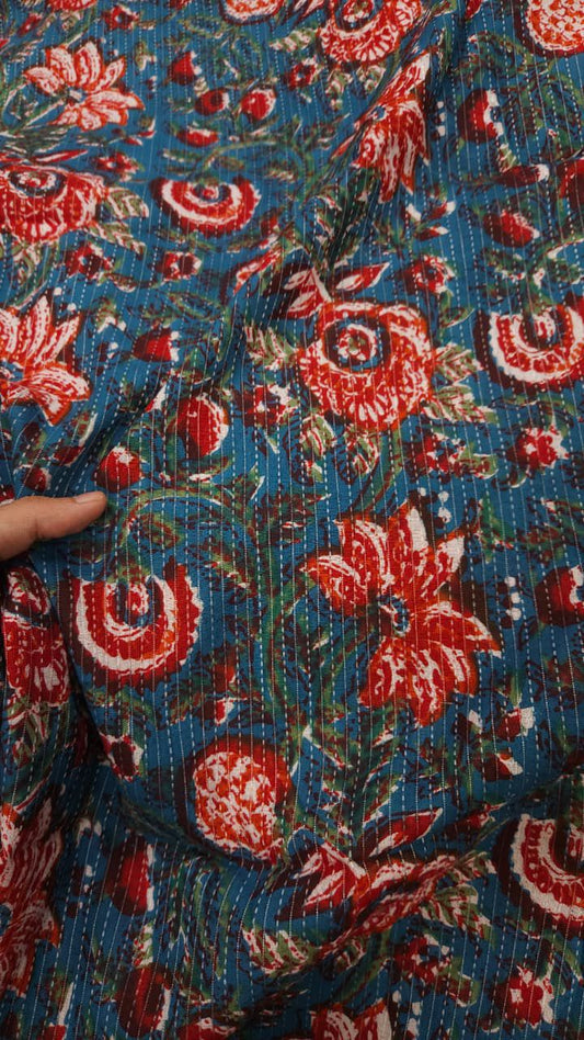 Peacock Blue Floral Kantha Cambric Cotton