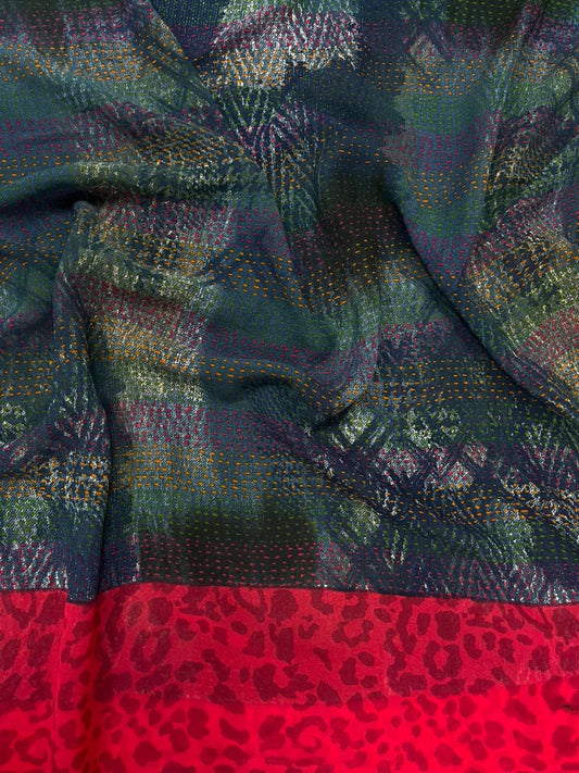 Teal Red Printed Poly Georgette Fabric