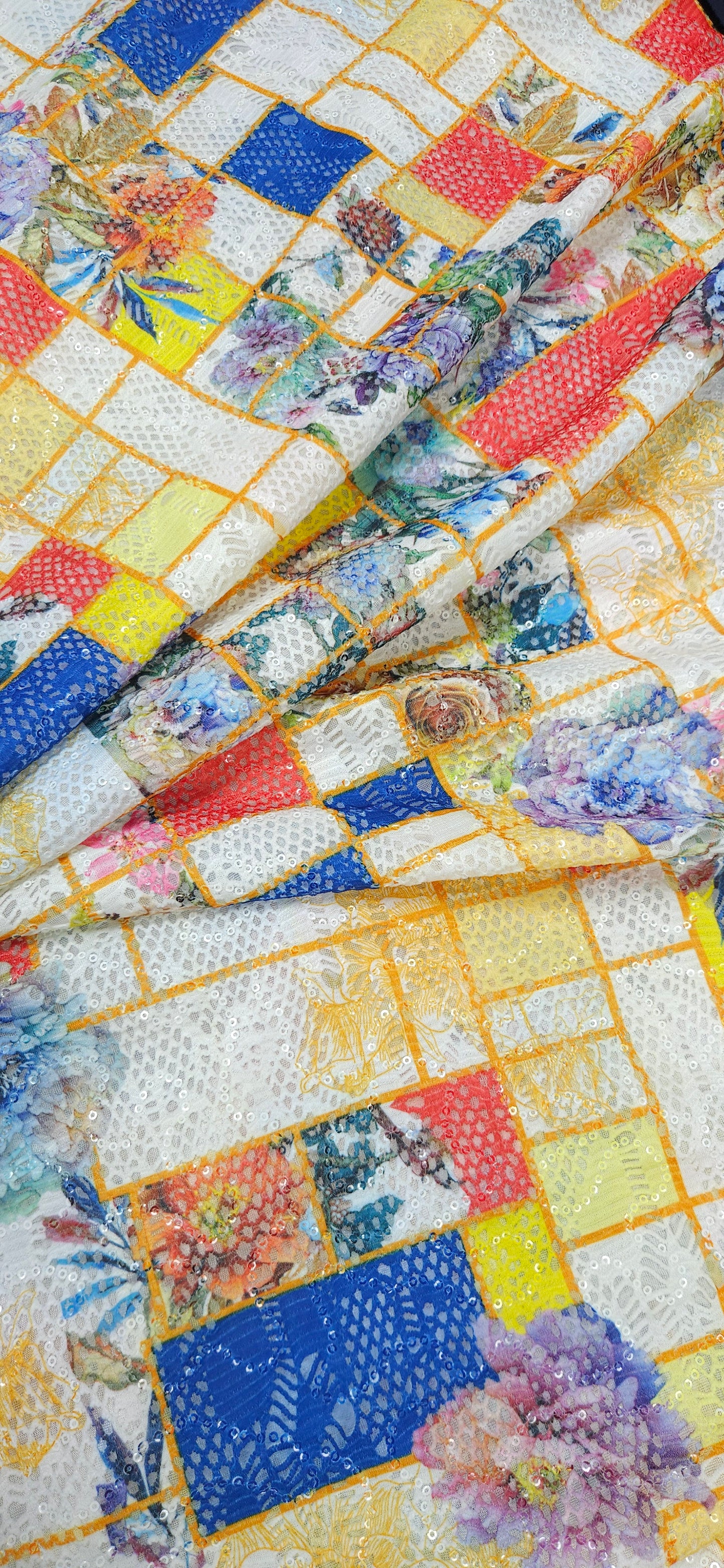 Multicolor Floral Patch Net Fabric with Sequin Work – Luxury Jacquard (4-in-1 Fabric)