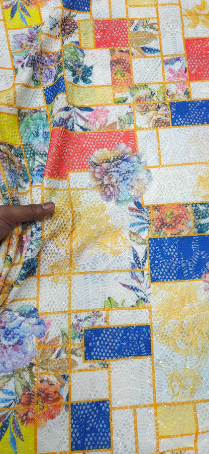 Multicolor Floral Patch Net Fabric with Sequin Work – Luxury Jacquard (4-in-1 Fabric)