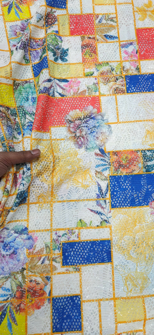Multicolor Floral Patch Net Fabric with Sequin Work – Luxury Jacquard (4-in-1 Fabric)