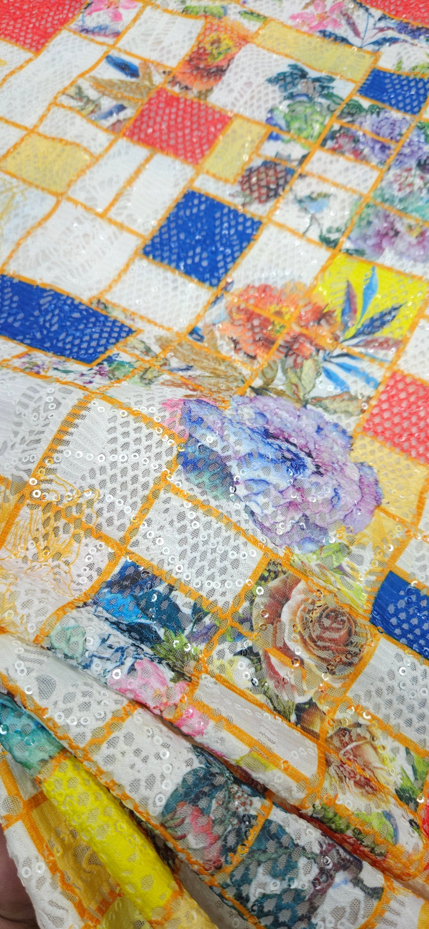 Multicolor Floral Patch Net Fabric with Sequin Work – Luxury Jacquard (4-in-1 Fabric)