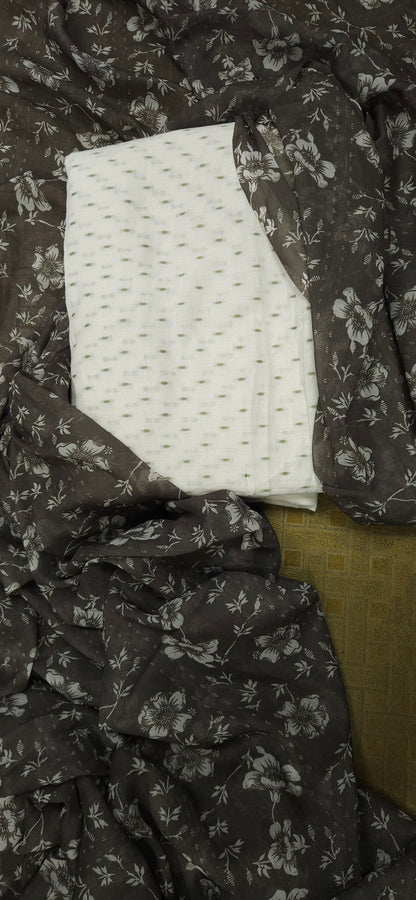 White Cotton Suit Set with Grey FloralChiffon Dupatta