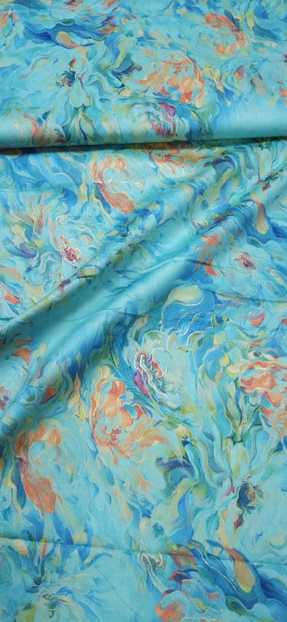 Premium Aqua Floral Jaam Cotton Fabric with Abstract Print
