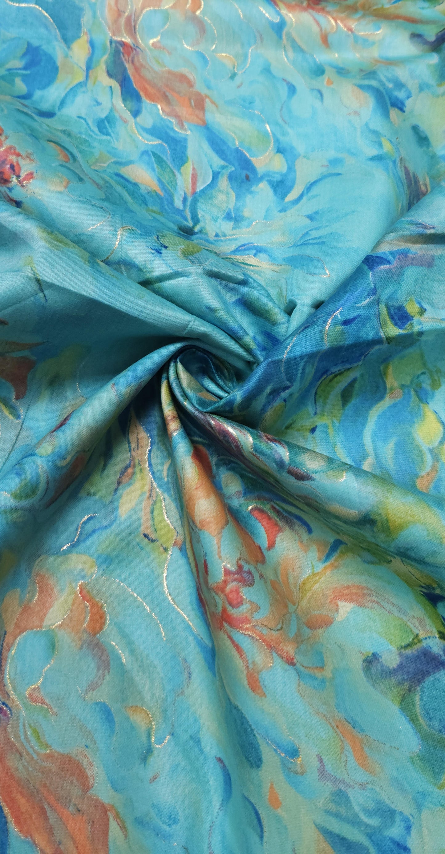 Premium Aqua Floral Jaam Cotton Fabric with Abstract Print