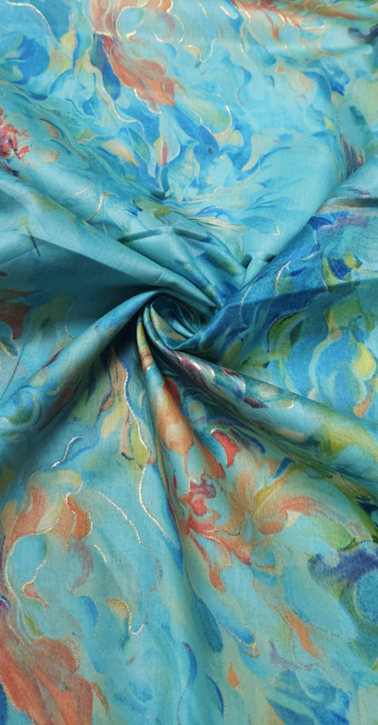 Premium Aqua Floral Jaam Cotton Fabric with Abstract Print