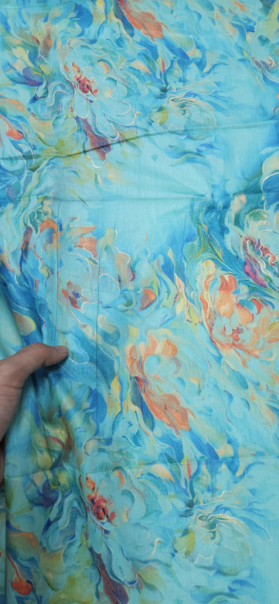 Premium Aqua Floral Jaam Cotton Fabric with Abstract Print