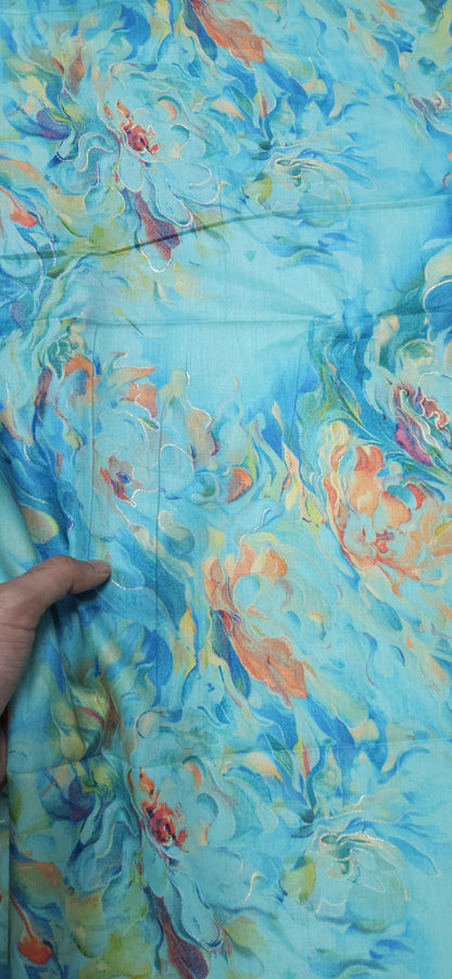 Premium Aqua Floral Jaam Cotton Fabric with Abstract Print