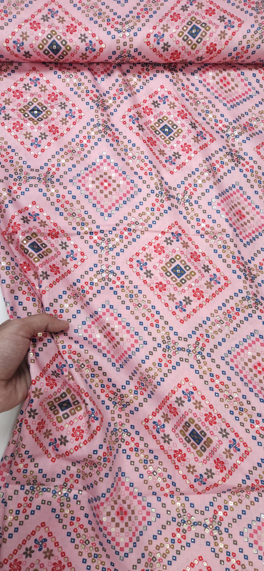 Pink Ethnic Jaam Cotton Fabric with Geometric Design