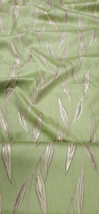 Pista Green Jaam Cotton Fabric with Elegant Gold Leaf Design