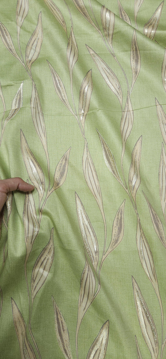 Pista Green Jaam Cotton Fabric with Elegant Gold Leaf Design