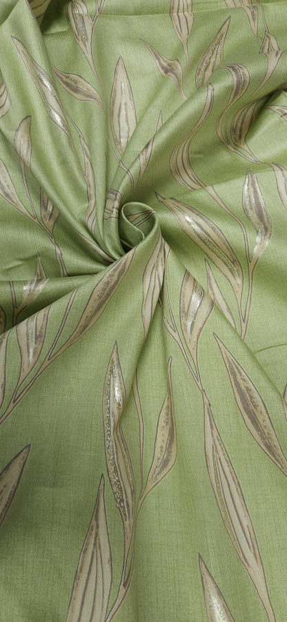 Pista Green Jaam Cotton Fabric with Elegant Gold Leaf Design