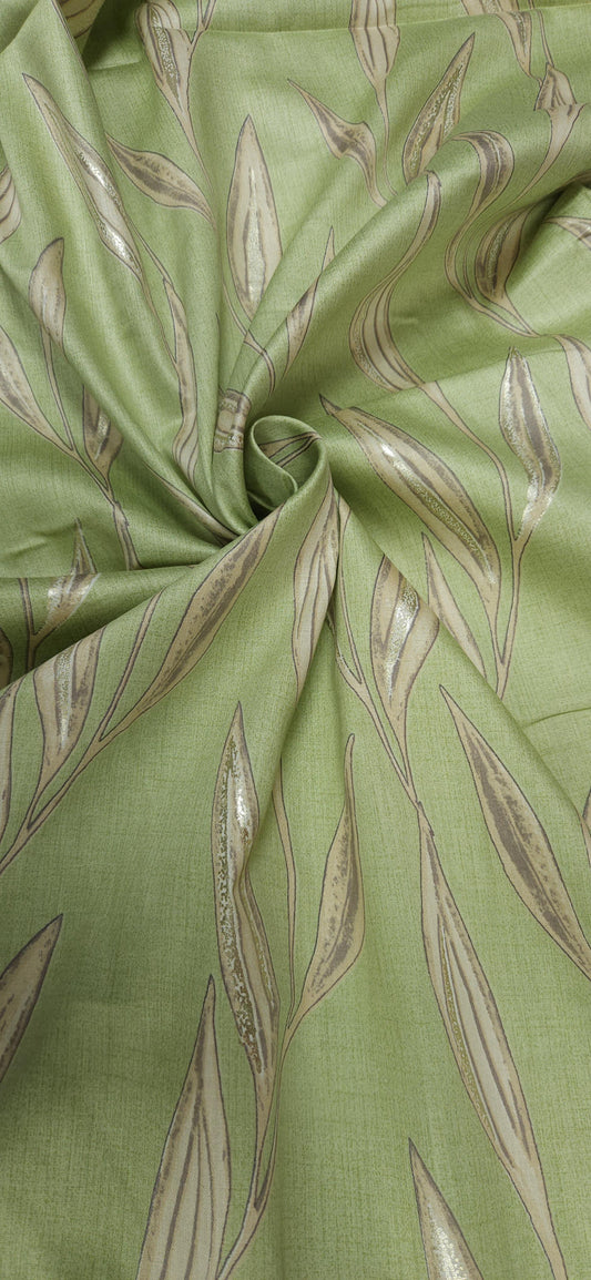 Pista Green Jaam Cotton Fabric with Elegant Gold Leaf Design