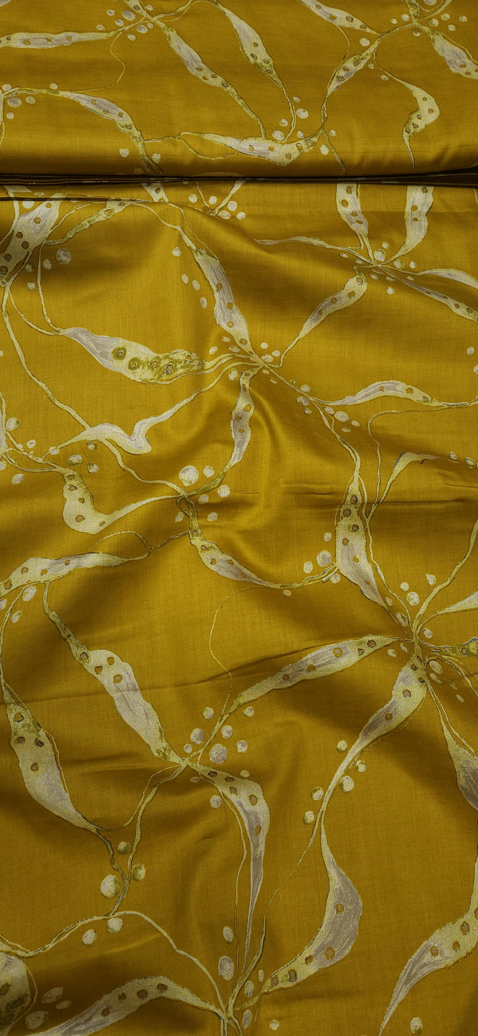 Golden Yellow Jaam Cotton Fabric with Gold Abstract Design