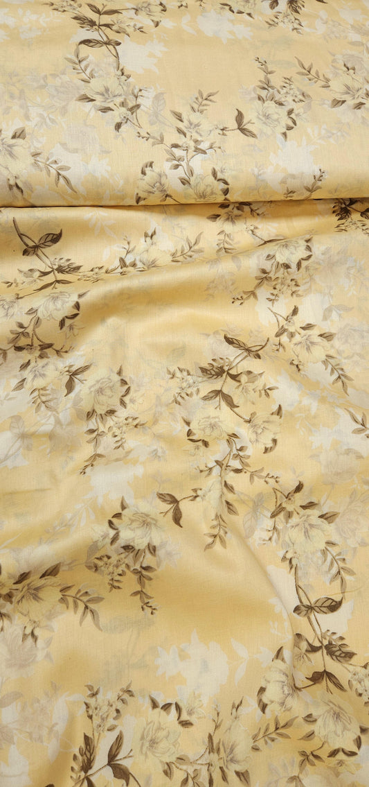 Creamy Yellow Jaam Cotton Fabric with Vintage Floral Print