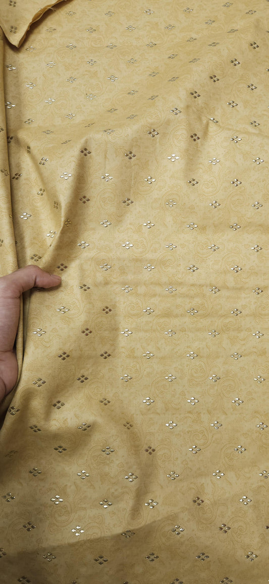 Beige Paisley Jaam Cotton Fabric with Gold Buti Work
